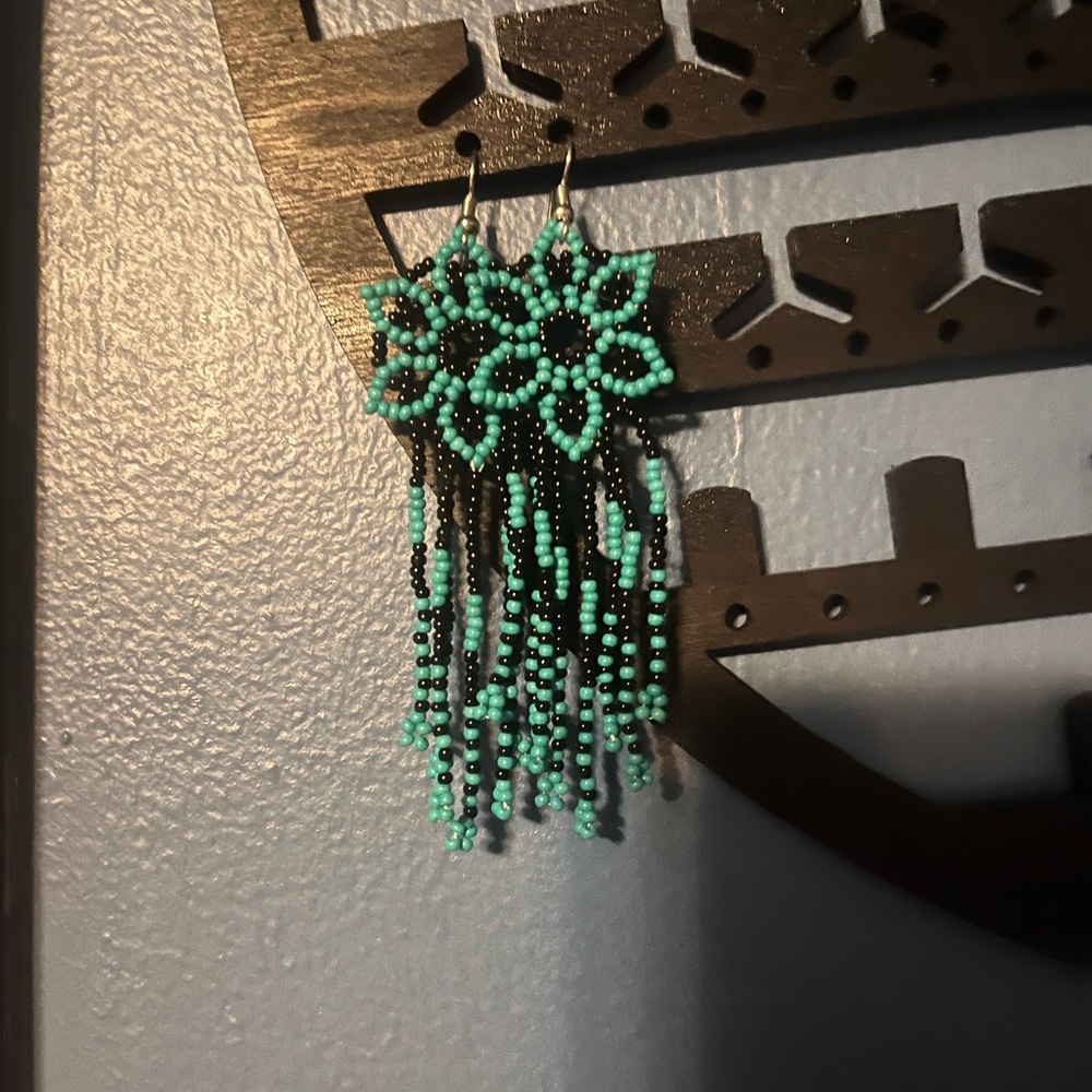 Turquoise Beaded Fringe Earrings